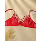Red comfortable underwire bra and panty set with sheer fabric and ruffle details from The Lady's Haven Boutique