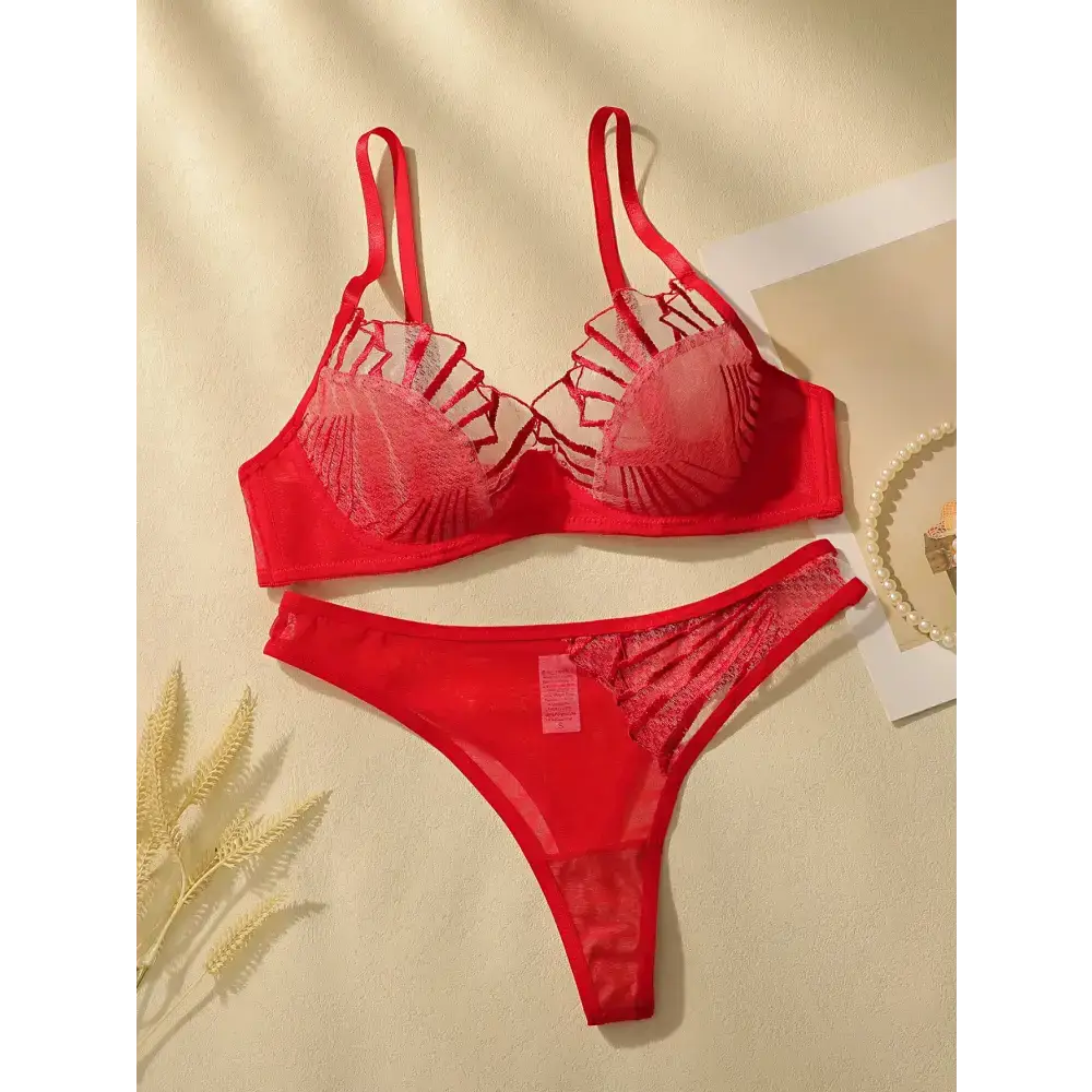 Red comfortable underwire bra and panty set with sheer mesh and striped detailing from The Lady's Haven Boutique