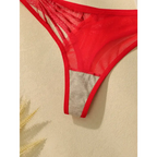 Close-up of red sheer panty from comfortable underwire bra and panty set by The Lady's Haven Boutique