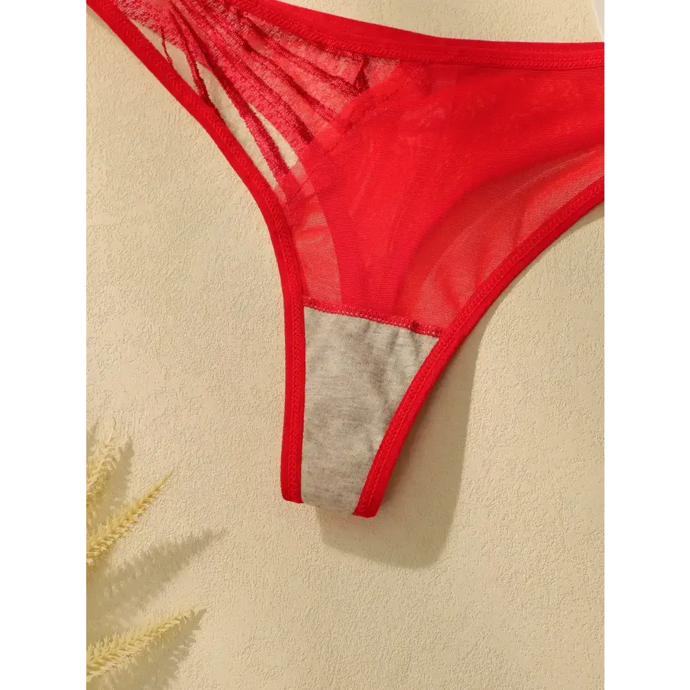 Close-up of red sheer panty from comfortable underwire bra and panty set by The Lady's Haven Boutique