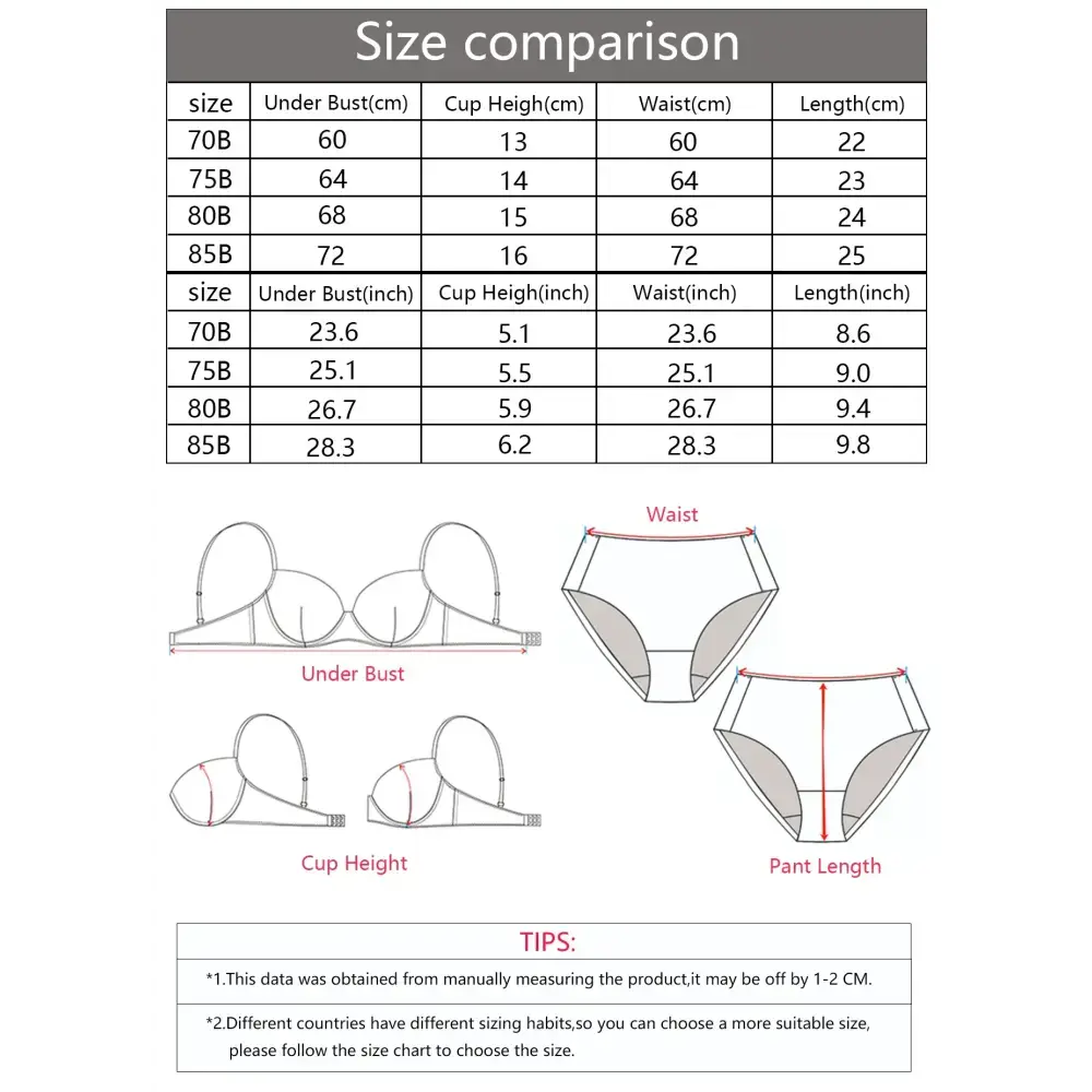 Size chart and measurement guide for comfortable underwire bra and panty set with bust, cup height, waist, and length details