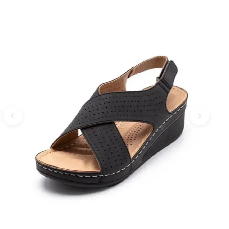 Black comfortable walking sandals for ladies with cushioned footbed and adjustable back strap