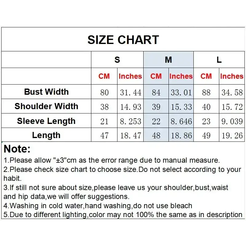 Size chart for cropped sweater cardigan with bust shoulder sleeve length measurements in centimeters and inches