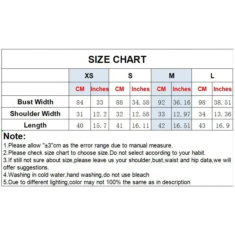 Size chart for cropped vest and high waist shorts set showing measurements for XS, S, M, and L sizes
