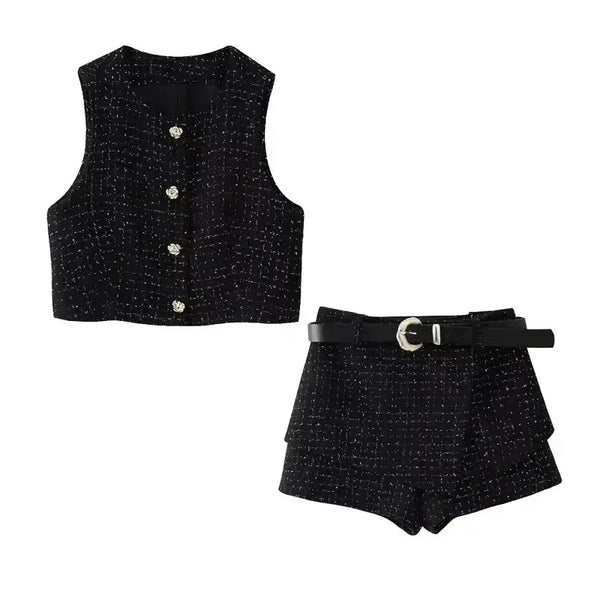 Black textured cropped vest and high waist shorts set with button details and belt from The Lady's Haven Boutique