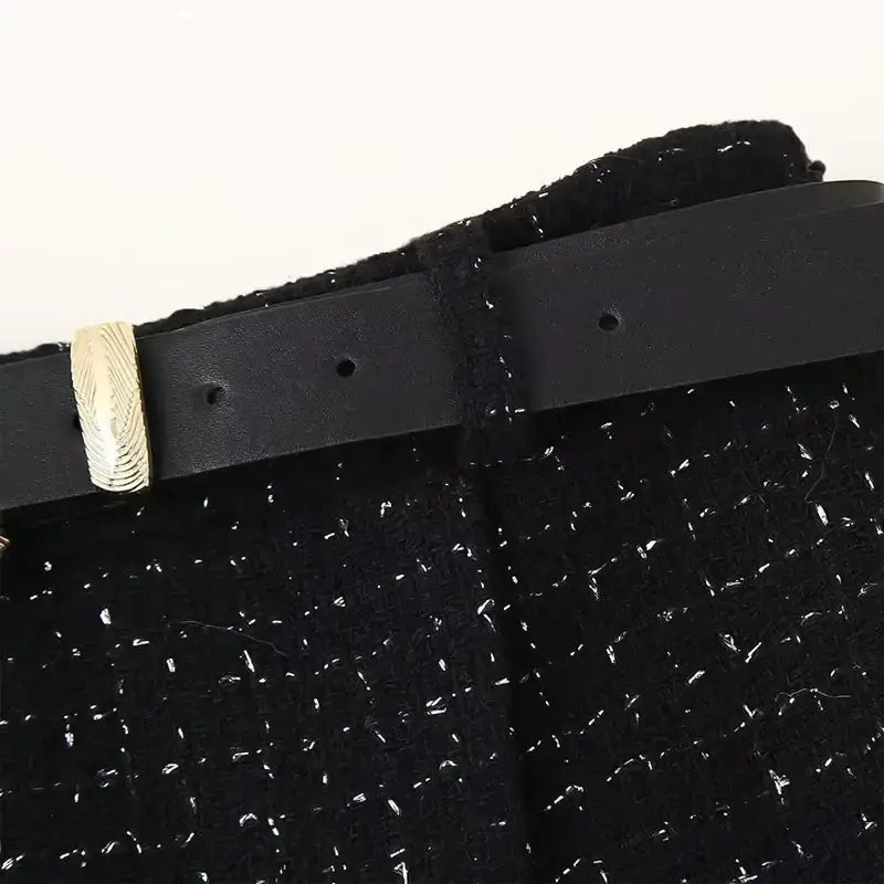 Black textured fabric high waist shorts with black belt from cropped vest and high waist shorts set