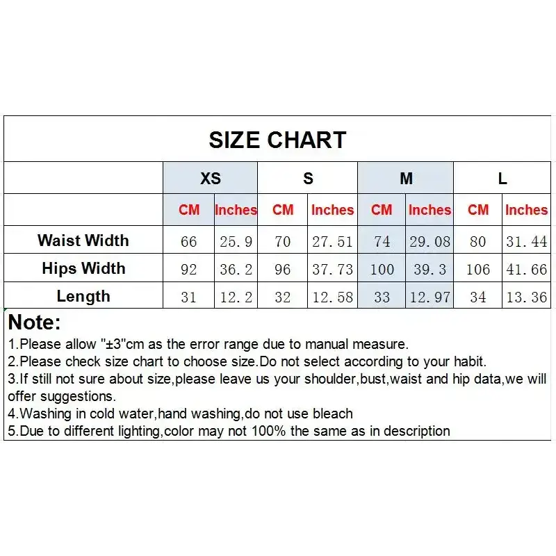 Size chart for cropped vest and high waist shorts set with measurements in centimeters and inches