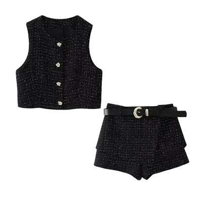 Black textured cropped vest and high waist shorts set with button details and belt from The Lady's Haven Boutique
