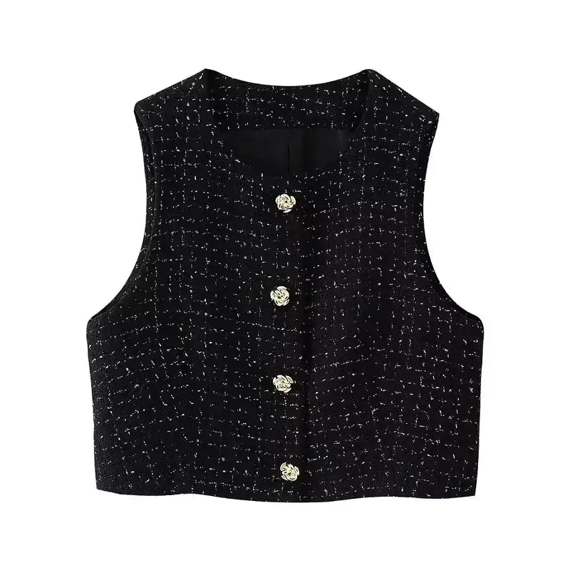 Black textured cropped vest with decorative buttons from cropped vest and high waist shorts set by The Lady's Haven Boutique