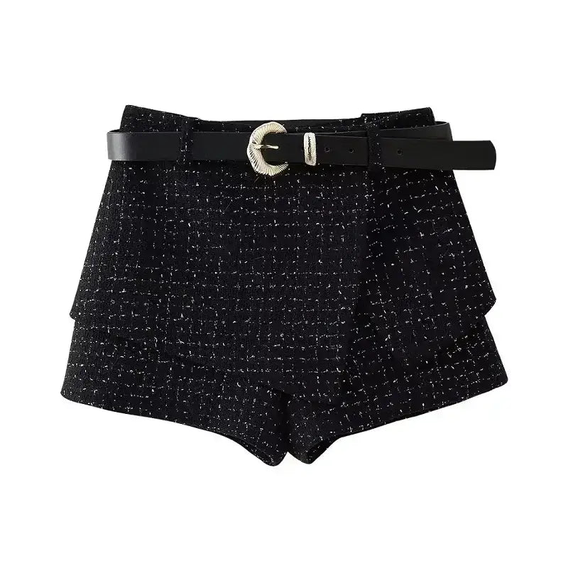 Black high waist shorts with textured fabric and black belt from cropped vest and high waist shorts set