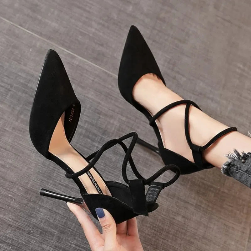 Cross strap suede high heels with pointed toes and stiletto heels from The Lady's Haven Boutique