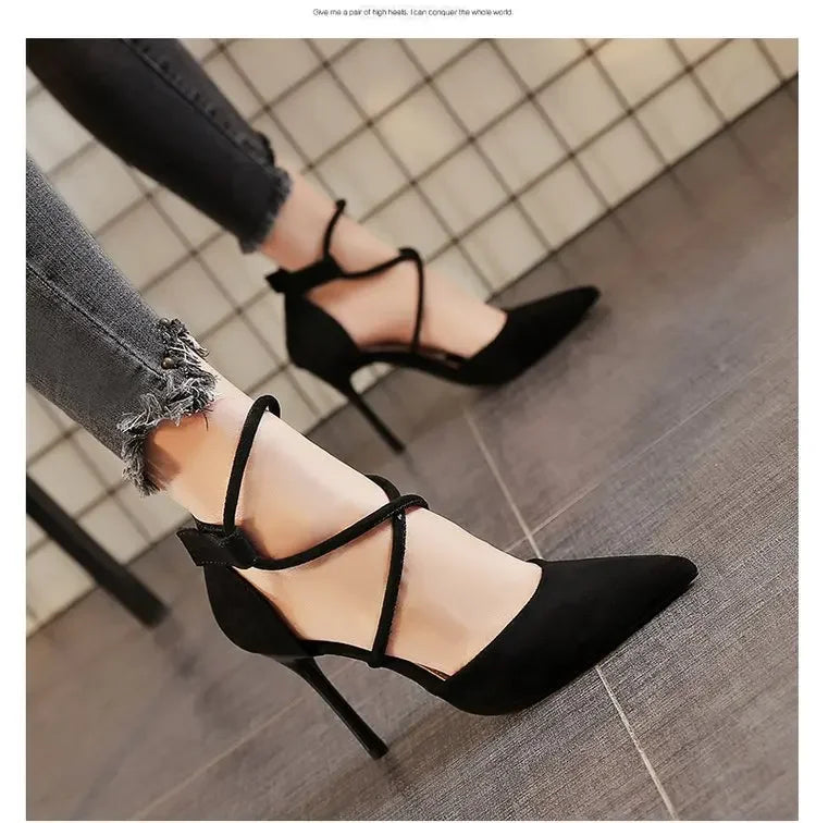 Black cross strap suede high heels with pointed toe and stiletto heel by The Lady's Haven Boutique