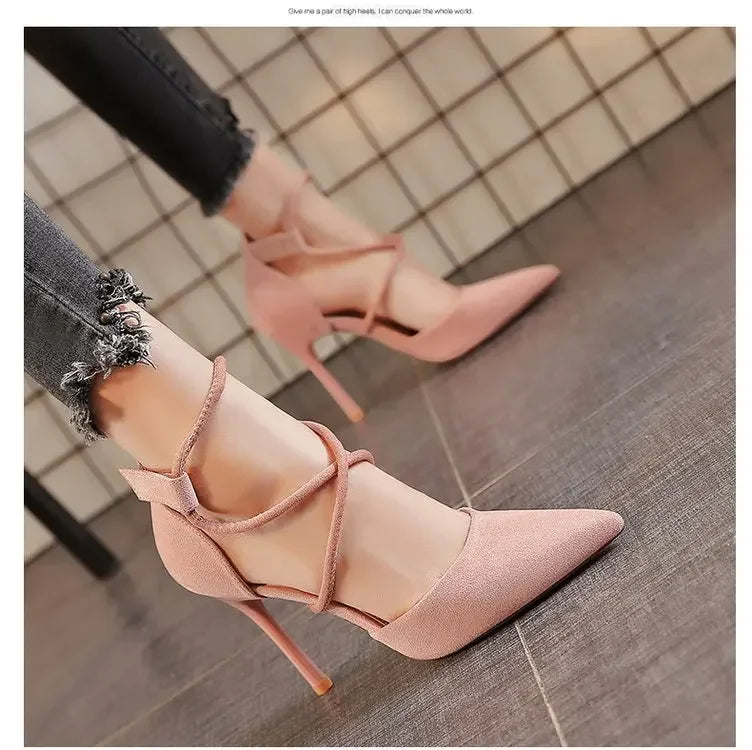 Pink cross strap suede high heels with pointed toe and stiletto heel by The Lady's Haven Boutique