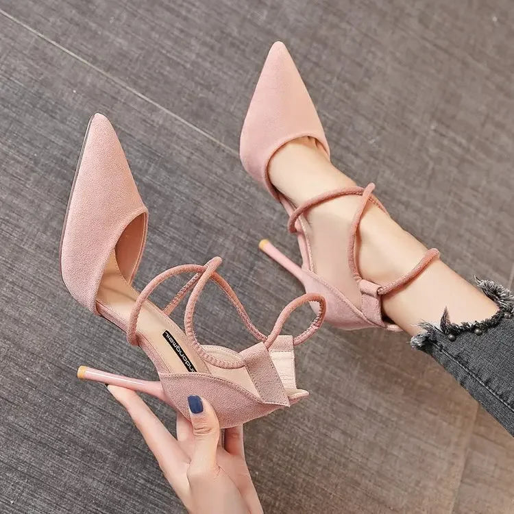 The Lady's Haven Boutique pink cross strap suede high heels with pointed toe and stiletto heel