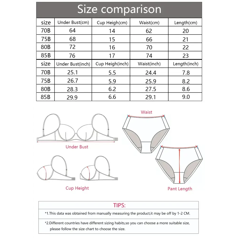 Size chart and measurement guide for daily casual ladies underwear set with detailed bust, cup, waist, and length dimensions