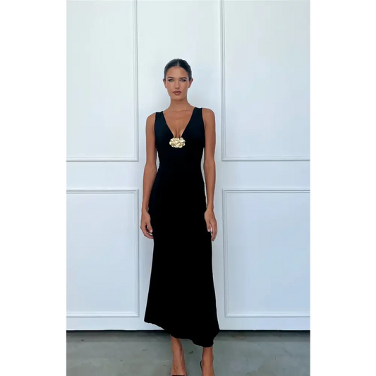 Mozision Elegant Deep V Neck Front Gold Clasp Sexy Maxi Dress For Women Black Gown Sleeveless Slim Fit Long Tank Dress