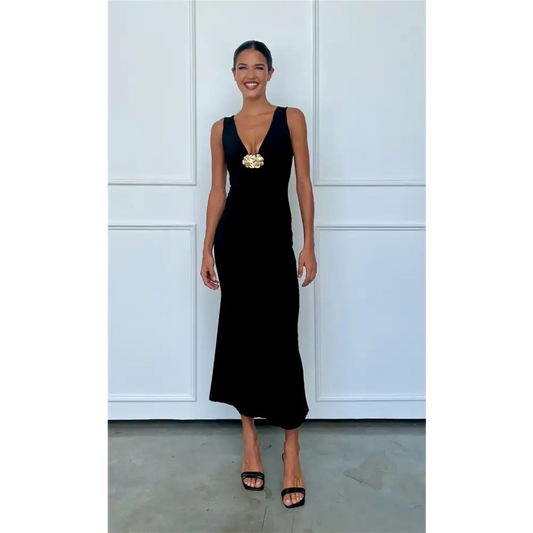 Mozision Elegant Deep V Neck Front Gold Clasp Sexy Maxi Dress For Women Black Gown Sleeveless Slim Fit Long Tank Dress