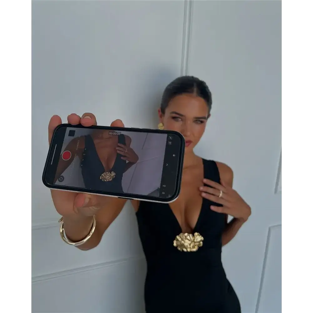 Mozision Elegant Deep V Neck Front Gold Clasp Sexy Maxi Dress For Women Black Gown Sleeveless Slim Fit Long Tank Dress