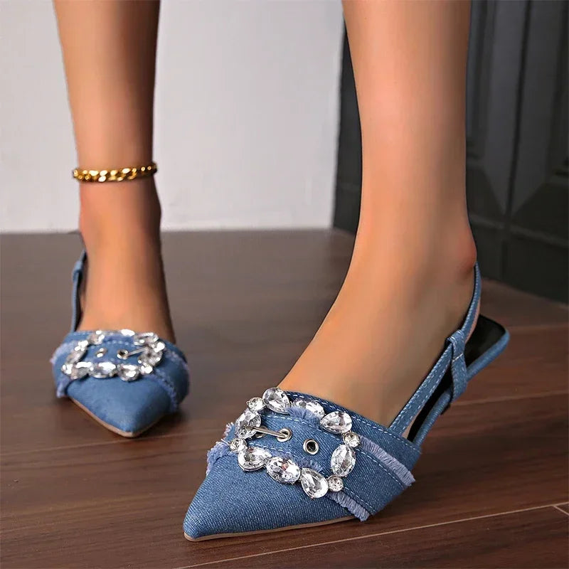 Denim pointed toe stiletto sandals with rhinestone buckle detail and slingback strap