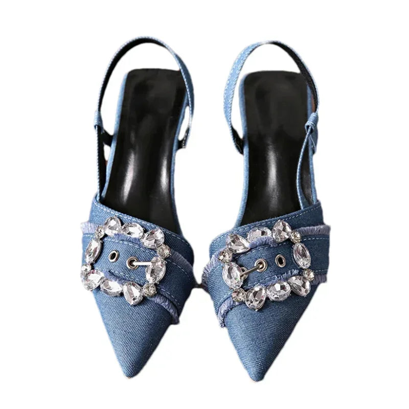 The Lady's Haven Boutique pointed toe stiletto sandals in blue denim with crystal buckle embellishments
