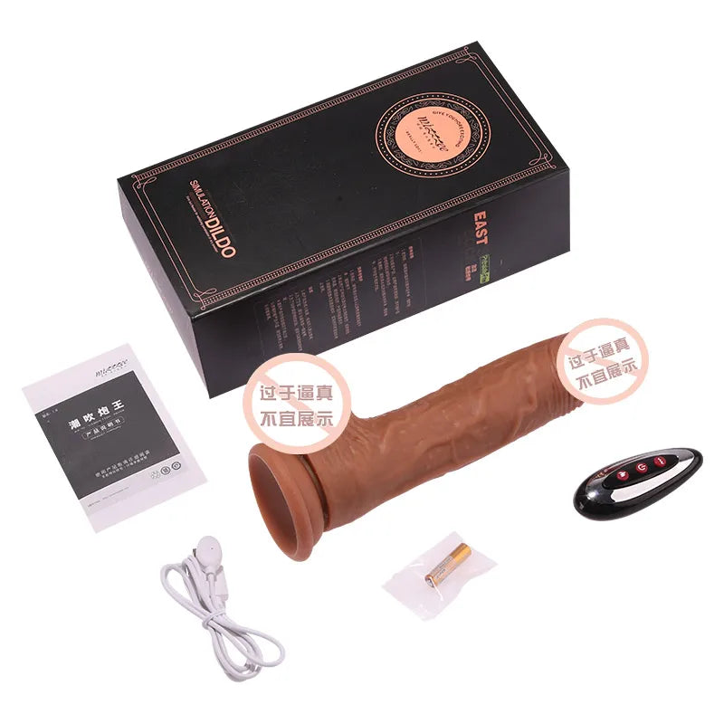 The Ladys Haven Boutique large telescopic vibrator . Realistic brown dildo with suction base remote control USB charger and box