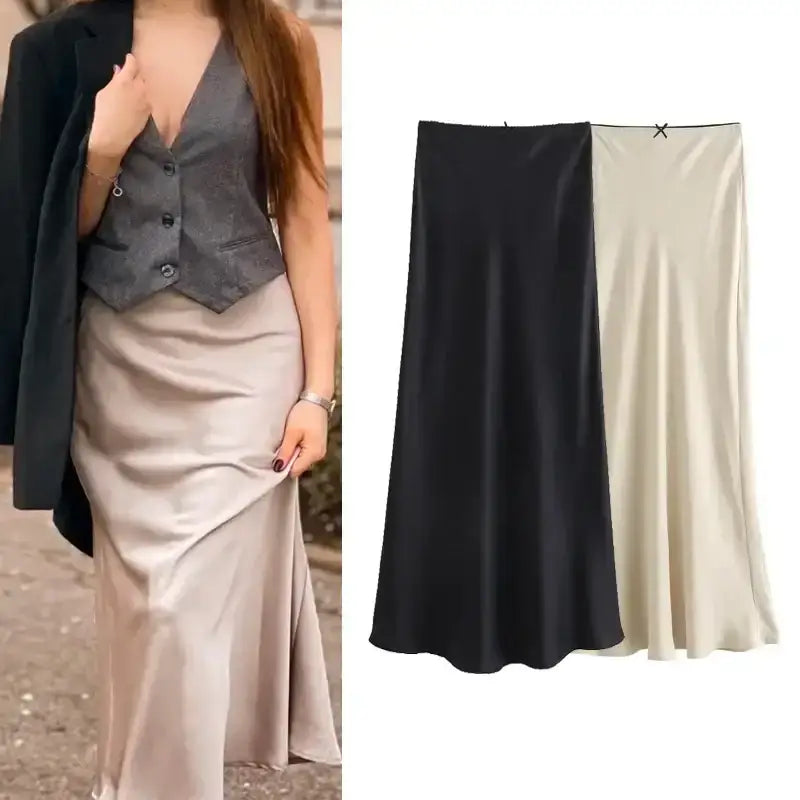 Ladies evening skirt in satin fabric shown in beige worn and black and cream skirts displayed flat