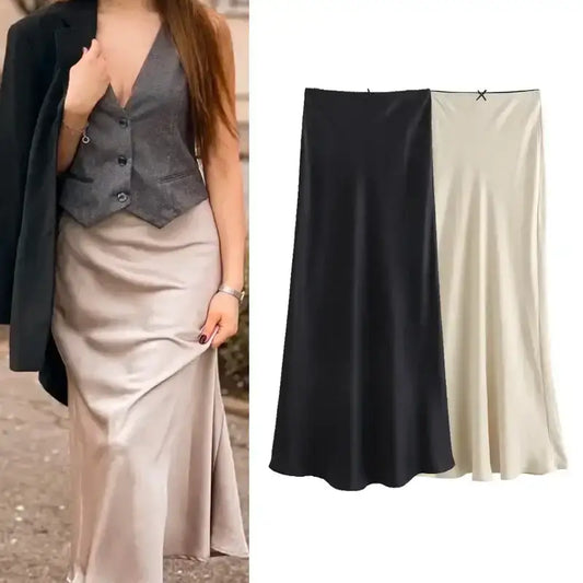 Ladies evening skirt in satin fabric shown in beige worn and black and cream skirts displayed flat