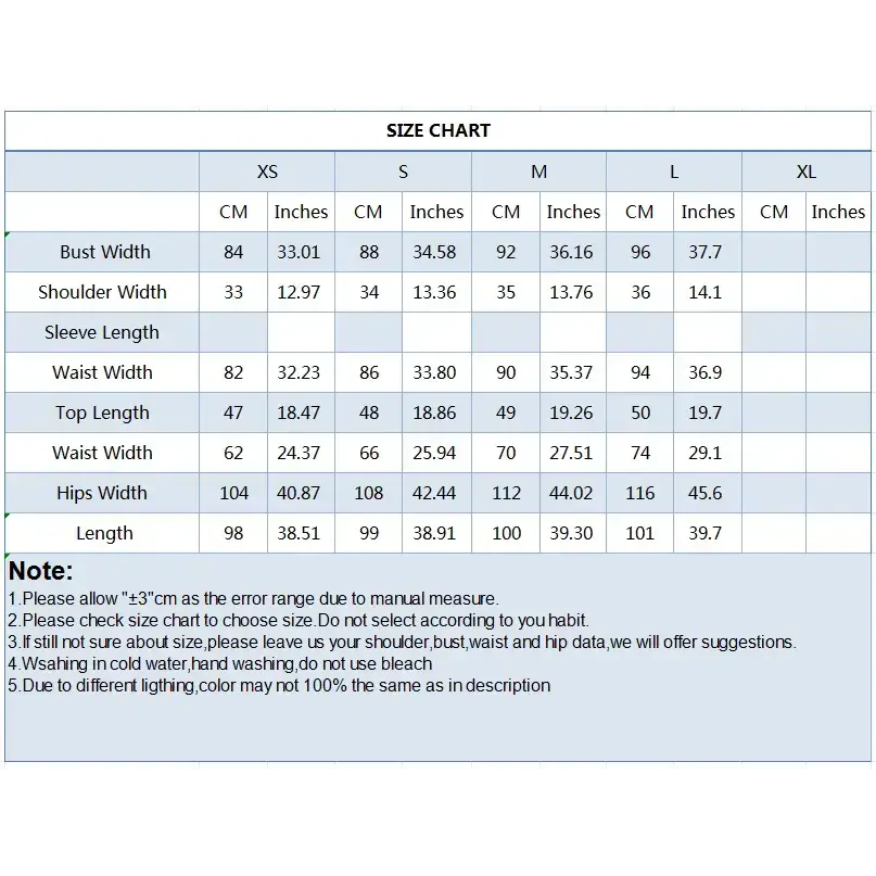 Size chart for short sleeve blouse and pant set including bust, shoulder, sleeve, waist, hips, and length measurements in centimeters and inches