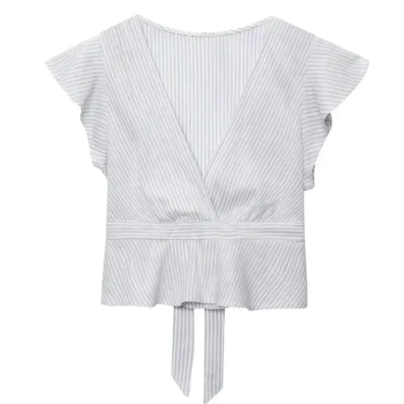 The Lady's Haven Boutique short sleeve blouse and pant set with light gray stripes and a wrap tie waist