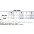 Size chart for elegant slim fit pencil trousers showing waist, hips, and length measurements in centimeters and inches