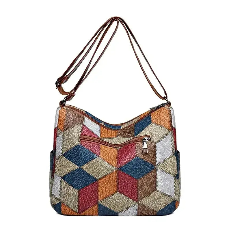 Colorful vintage crossbody bag for women with geometric patterns and adjustable straps