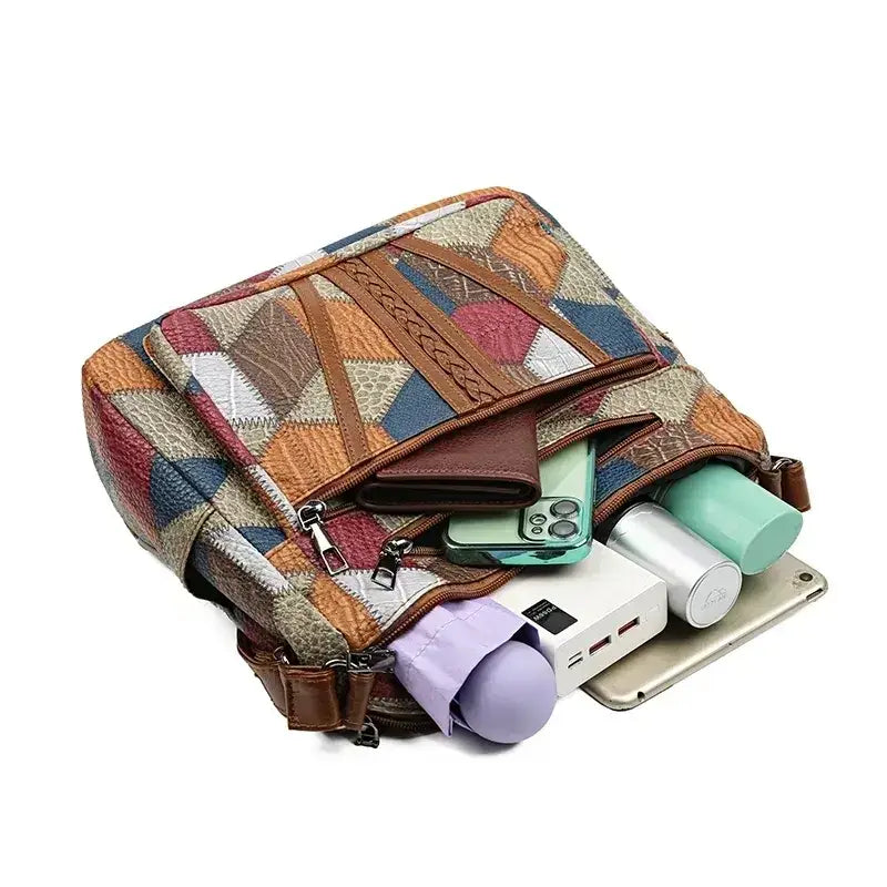 Vintage crossbody bag for women featuring a colorful patchwork design and spacious interior for essentials
