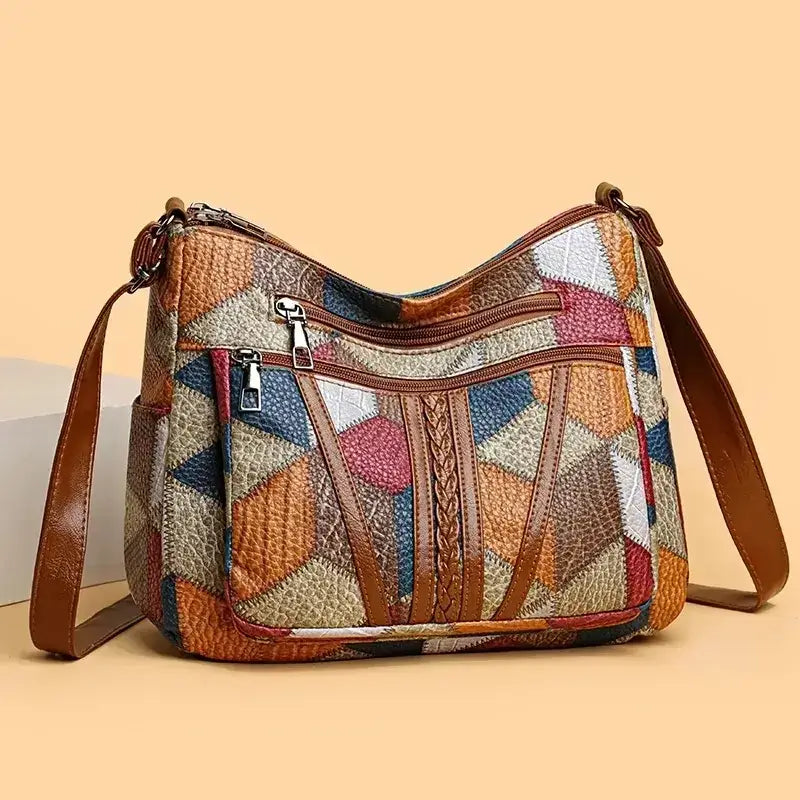 Colorful vintage crossbody bag for women with stylish geometric patterns and leather straps