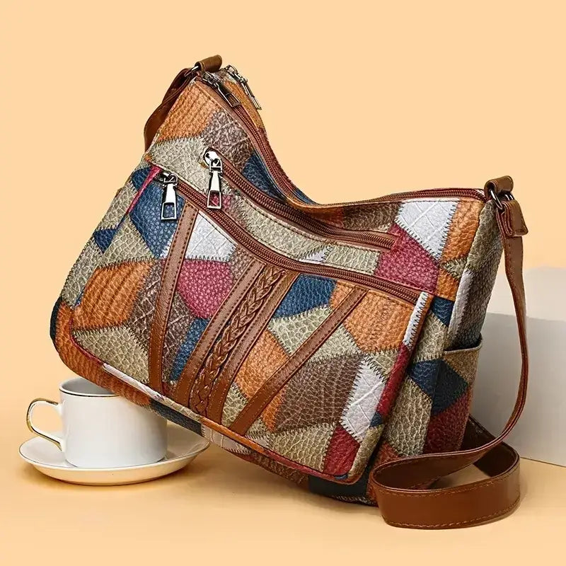 Vintage crossbody bag for women in multicolored patterned design with adjustable strap