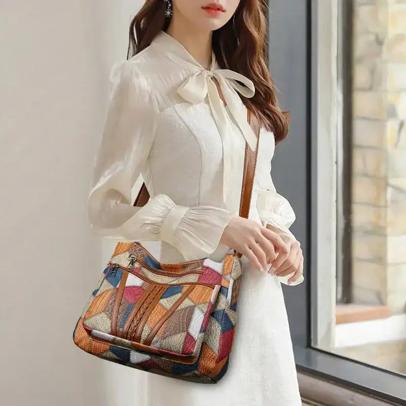 Stylish vintage crossbody bag for women featuring colorful geometric patterns, perfect for everyday use