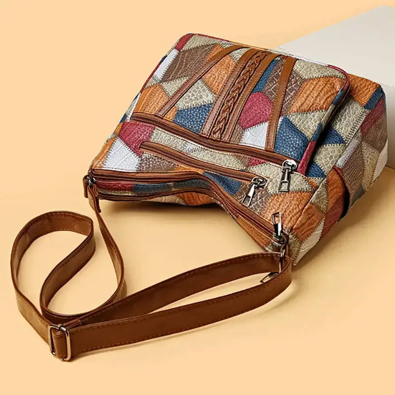 Colorful vintage crossbody bag for women with multiple zip pockets and adjustable strap