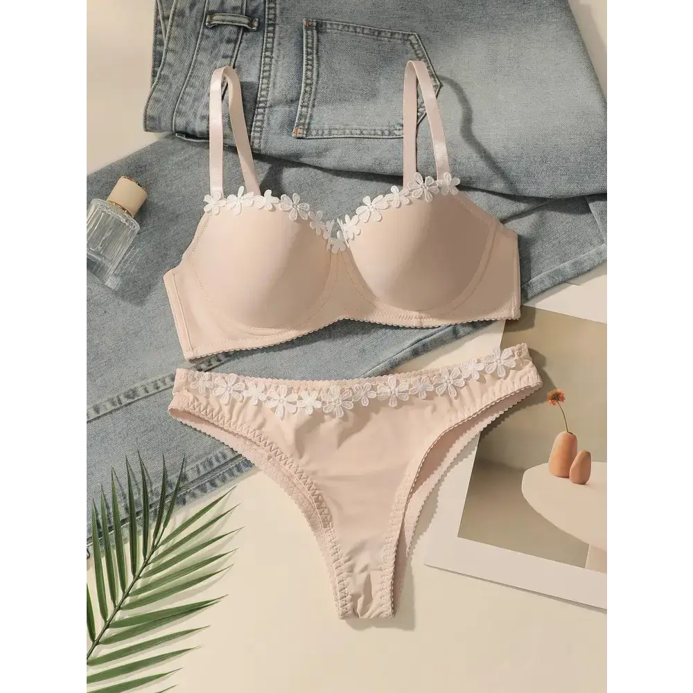 Embroidered floral underwear set in soft beige with white flower details from The Lady's Haven Boutique