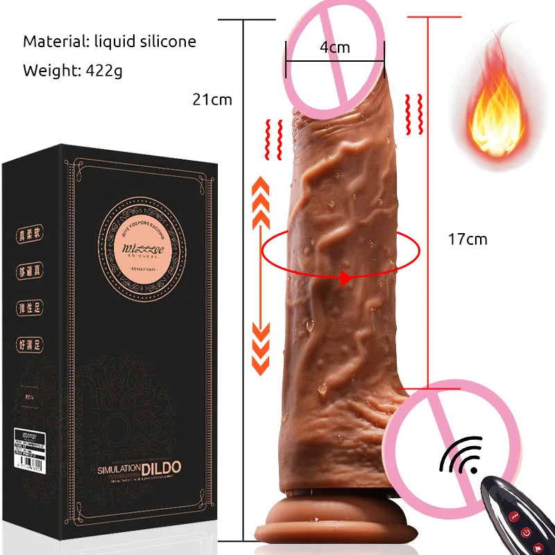 Realistic brown silicone dildo with suction base remote and packaging showing dimensions large telescopic vibrator for women