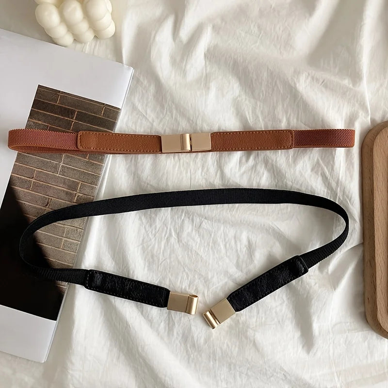 Two stylish fashion belts for dresses in brown and black with gold buckles, perfect for accessorizing outfits