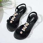 The Lady's Haven Boutique flat heel black non slip flower decor sandals with pearl and gold floral accents