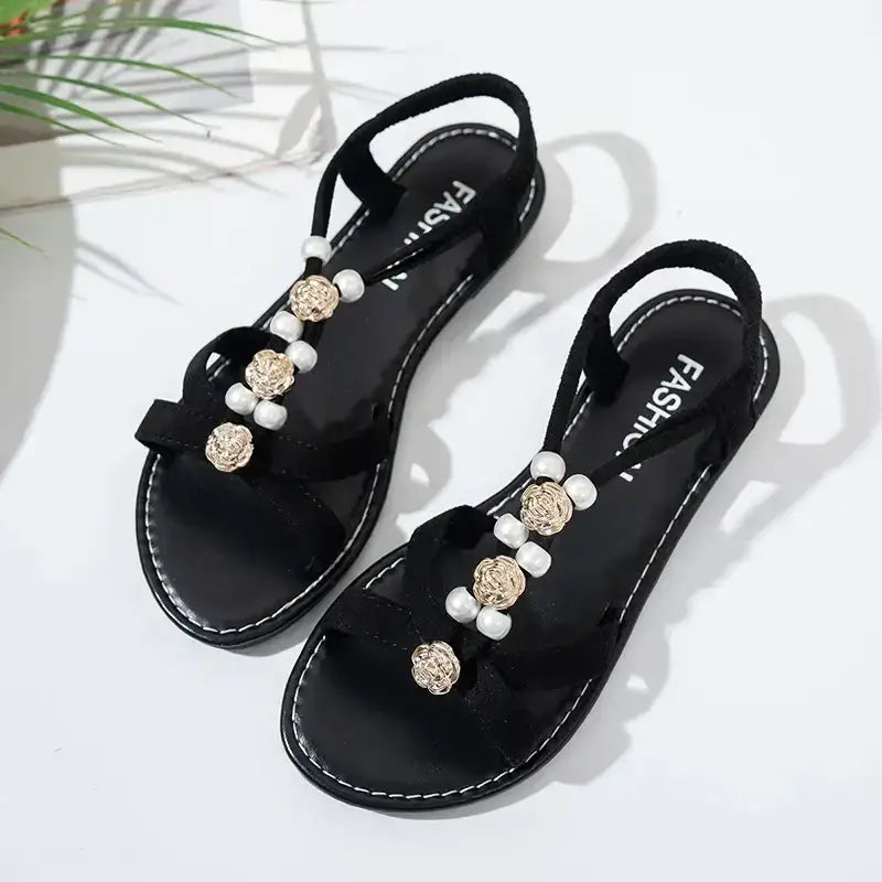 The Lady's Haven Boutique flat heel black non slip flower decor sandals with pearl and gold floral accents