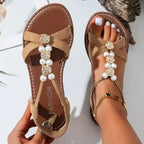The Lady's Haven Boutique non slip flower decor sandals with flat heel and pearl accents in tan