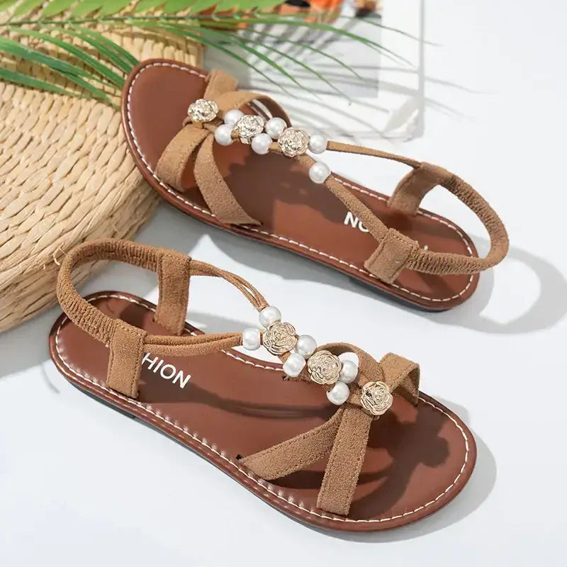 The Lady's Haven Boutique non slip flower decor sandals with flat heel and brown straps embellished with pearls and flowers