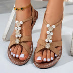 The Lady's Haven Boutique non slip flower decor sandals in tan with pearl and rose embellishments