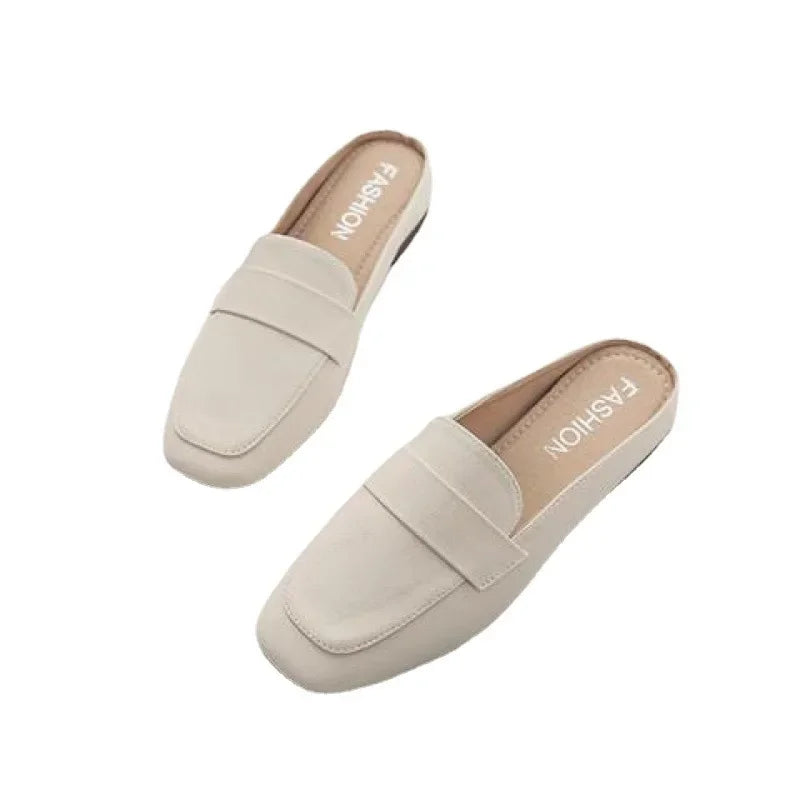 Beige zapatos mujer casual slip-on flats with a square toe design from The Lady's Haven Boutique