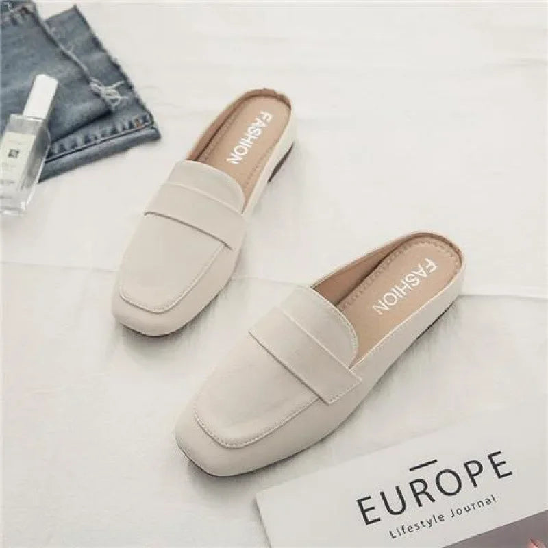 Beige zapatos mujer casual slip-on flats with square toe design from The Lady's Haven Boutique