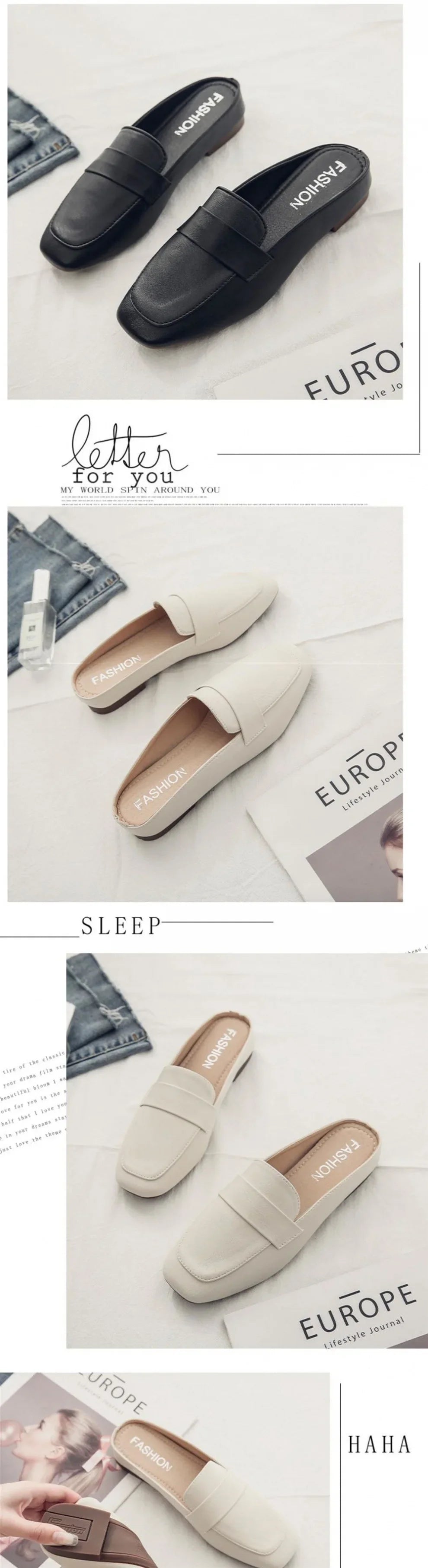 Zapatos mujer casual slip-on flats available in black and beige with a comfortable design for everyday wear