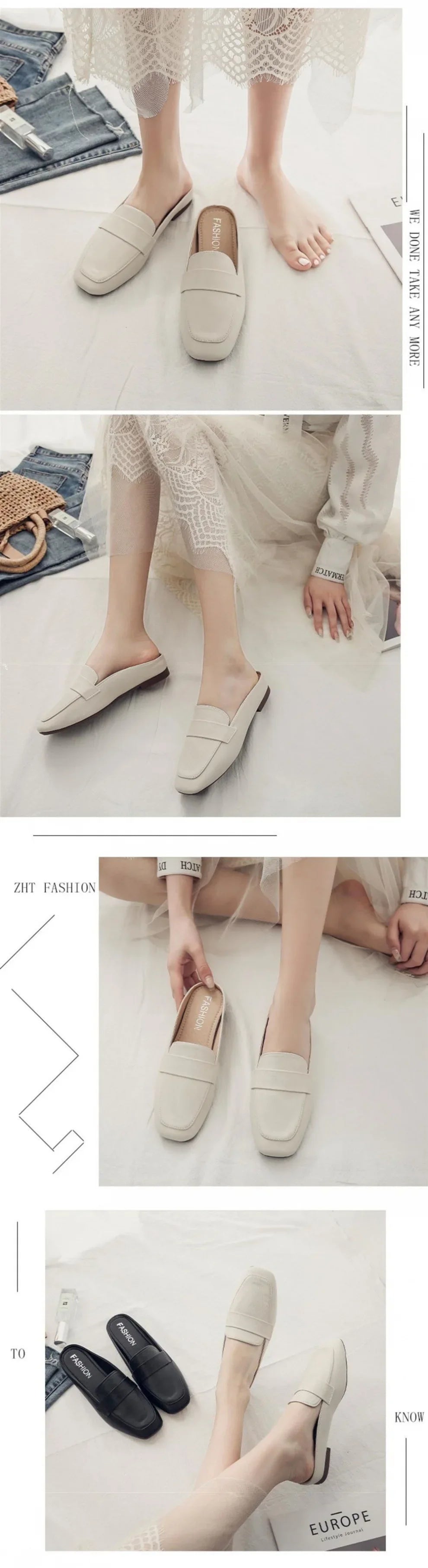 Zapatos mujer casual slip-on flats in beige shown worn by a woman with a lace dress and other style options