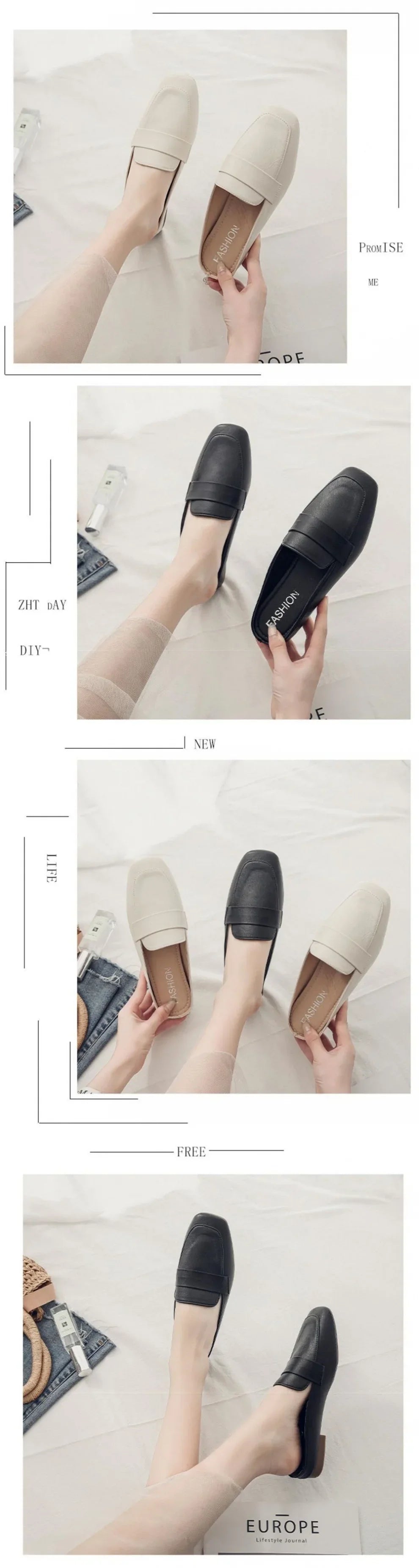 Zapatos mujer casual slip-on flats in beige and black soft leather for everyday comfort