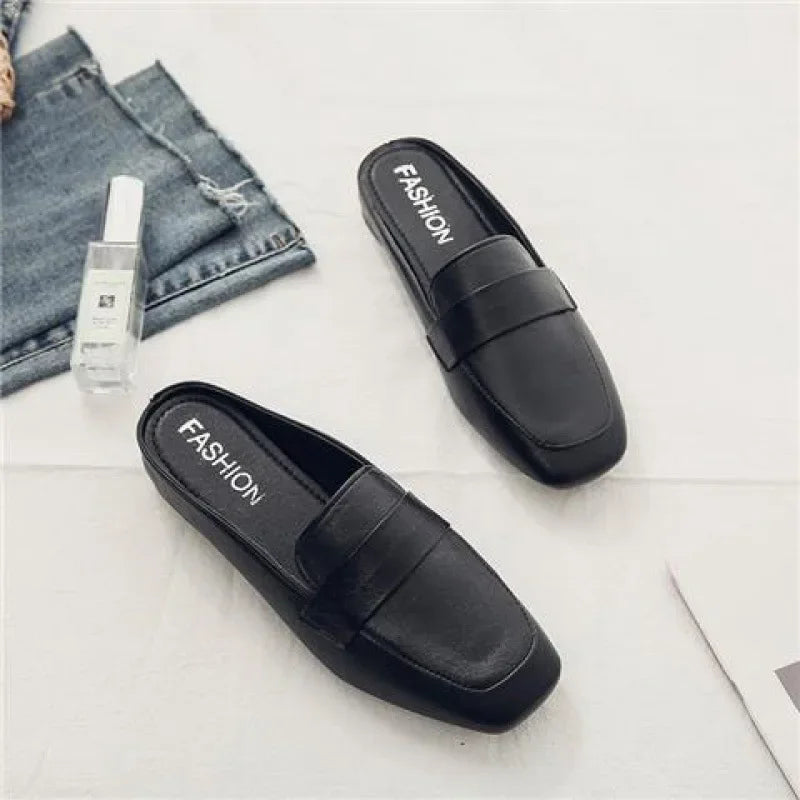 Black zapatos mujer casual slip-on flats with a square toe design from The Lady's Haven Boutique